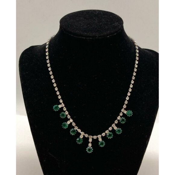 Vintage Demi Parure White & Green Rhinestone Choker Necklace & Clip Earrings Set - Picture 2 of 6